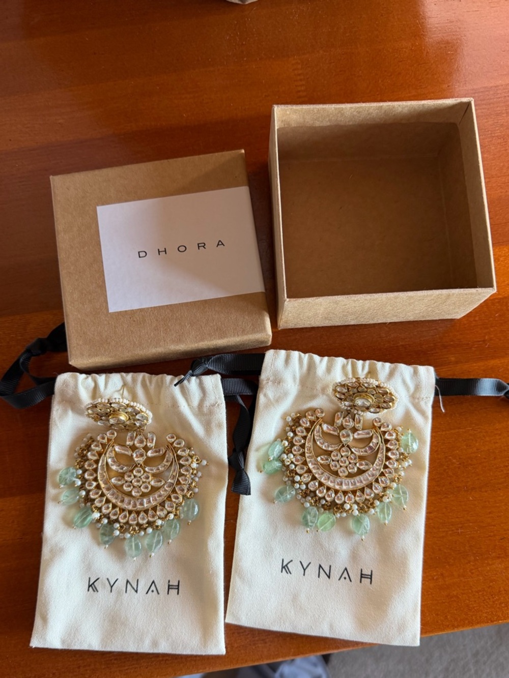 Dhora Kynah Gold Statement Earrings with Mint Beads- traditional Indian jewelry